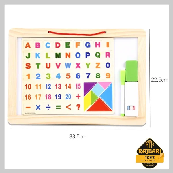 Double sided white board black board with magnetic wooden alphabet, chalk, eraser, marker and special magnetic tangram - smart learning For Kids - Image 2