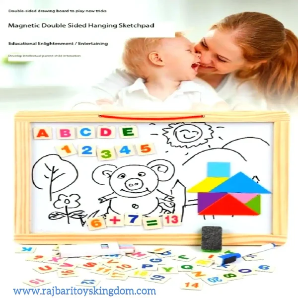 Double sided white board black board with magnetic wooden alphabet, chalk, eraser, marker and special magnetic tangram - smart learning For Kids
