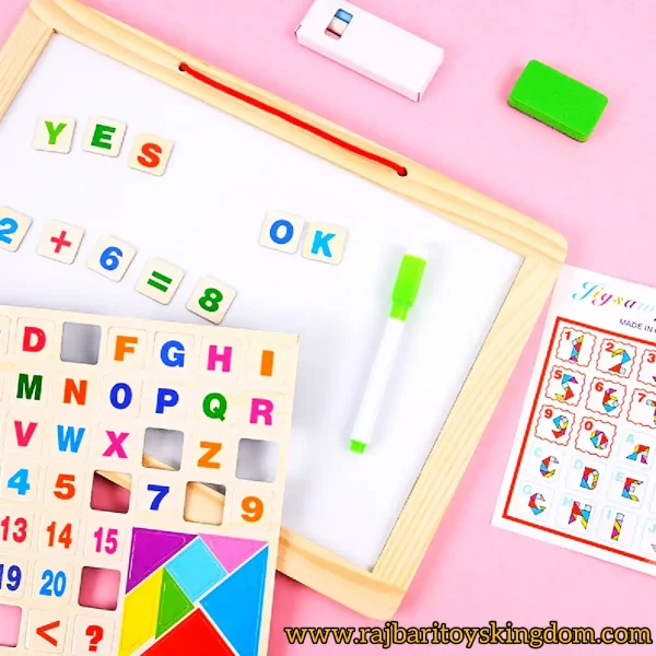 Double sided white board black board with magnetic wooden alphabet, chalk, eraser, marker and special magnetic tangram - smart learning For Kids - Image 3